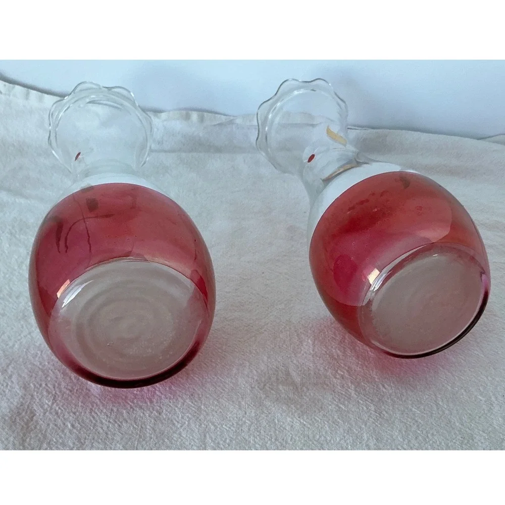 Bartlett Collins Vintage Glass Bud Vases Cranberry Red‎ Hand Painted Floral 8